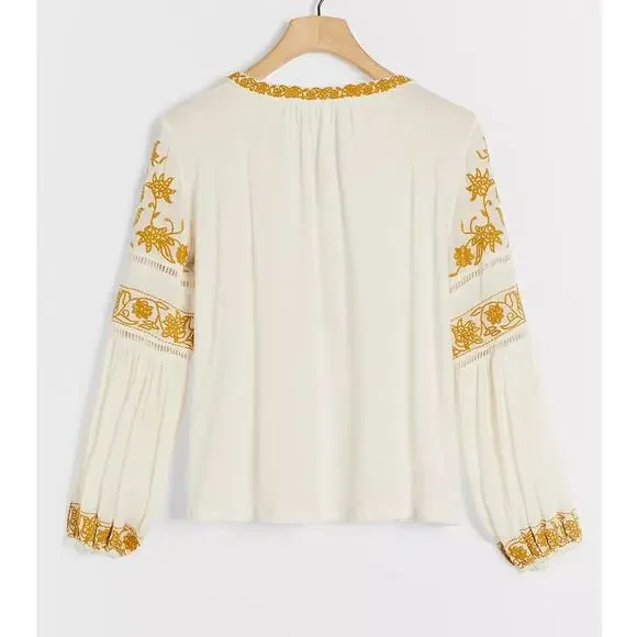 By Anthropologie Aja White Knit Golden Yellow Embroidered Long Sleeve Boho Top - Picture 2 of 15